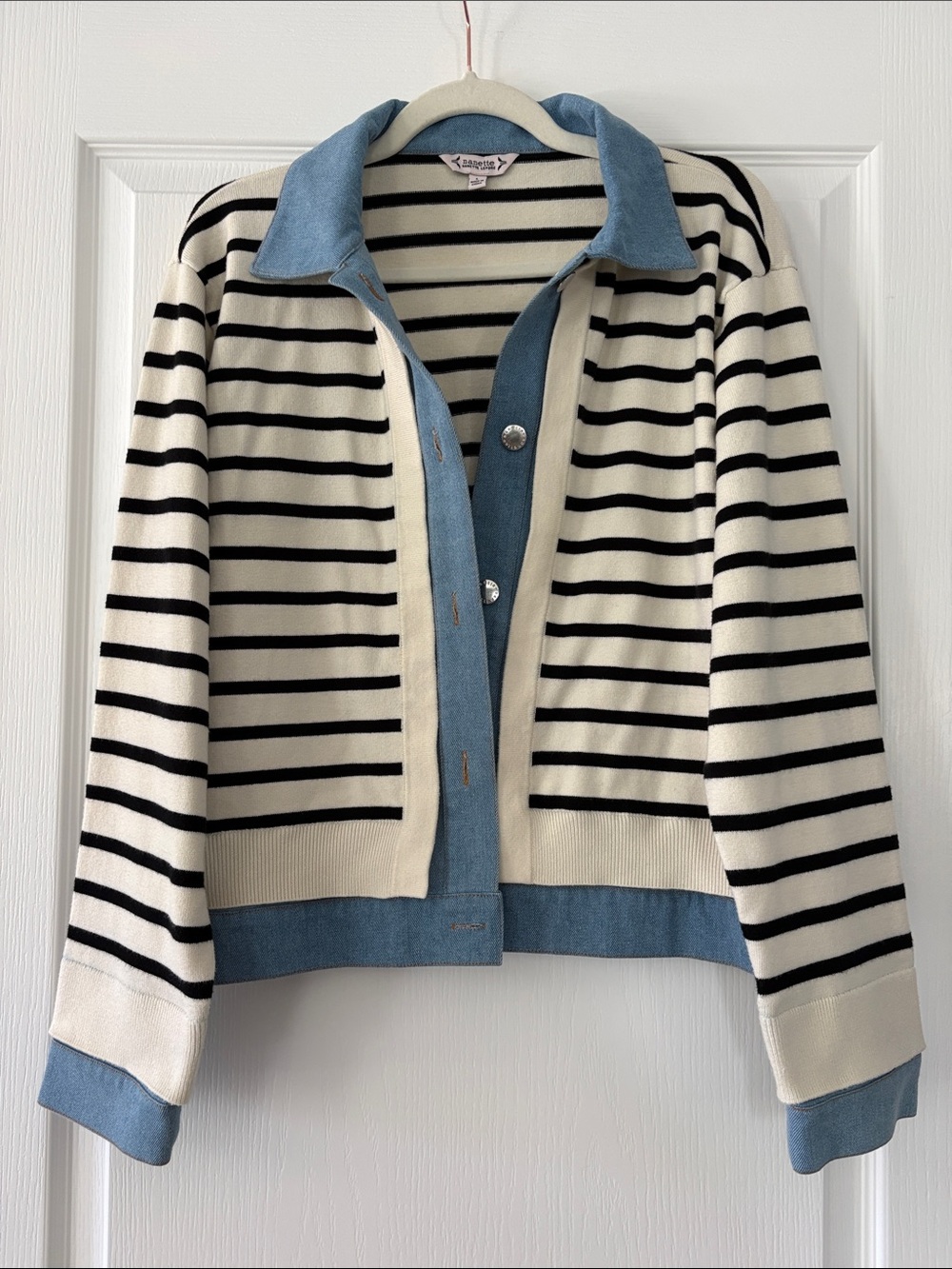 Nanette Lepore Cream and Black Striped Cardigan Jacket with Blue Trim
